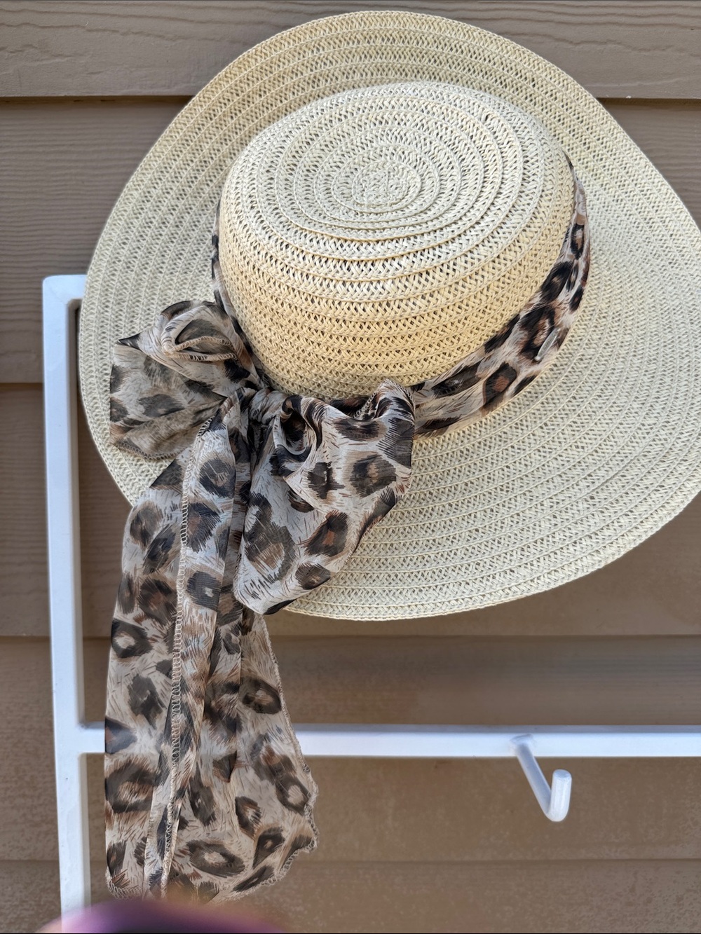 New Kellina Women’s Straw Sun Hat w/Leopard Scarf Accent - Beige&leporad scarf
